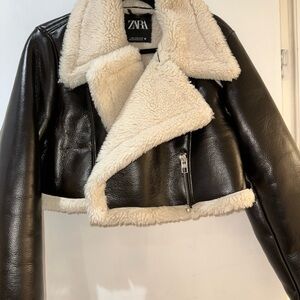 Zara Faux Shearling Cropped Jacket in Black and Cream
